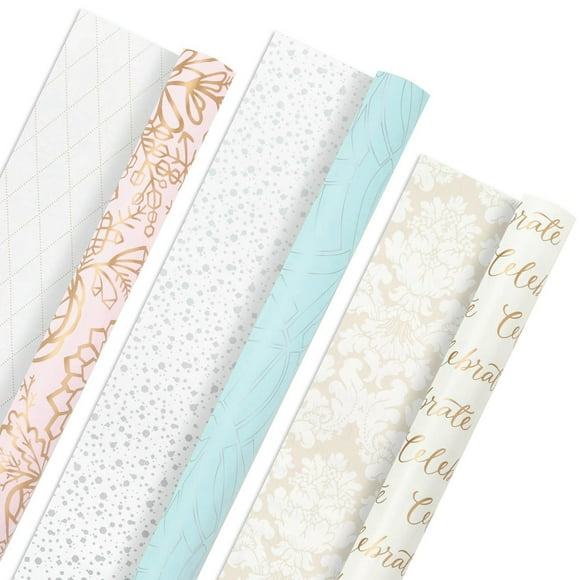 Hallmark Reversible Wrapping Paper Roll Bundle, Pastel & Metallic Celebrate (3-Pack: 75 sq. ft. ttl.)