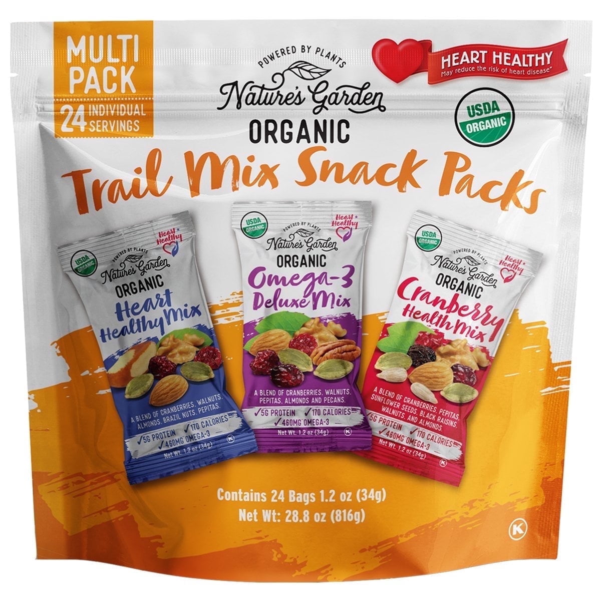 Nature's Garden Organic Trail Mix Snack Packs 28.8oz (1.2oz x 24) - Pack of 4 - Heart Healthy, Omega-3 Deluxe, Cranberry Health Mix – USDA Organic, Vegan, Kosher, Plant-Based Energy Snack