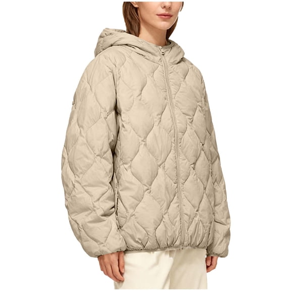 jtjvou Quilted Jackets for Women Zip Up Hooded Winter Coats Lightweight Loose Puffer Padded Outerwear with Pockets Beige L