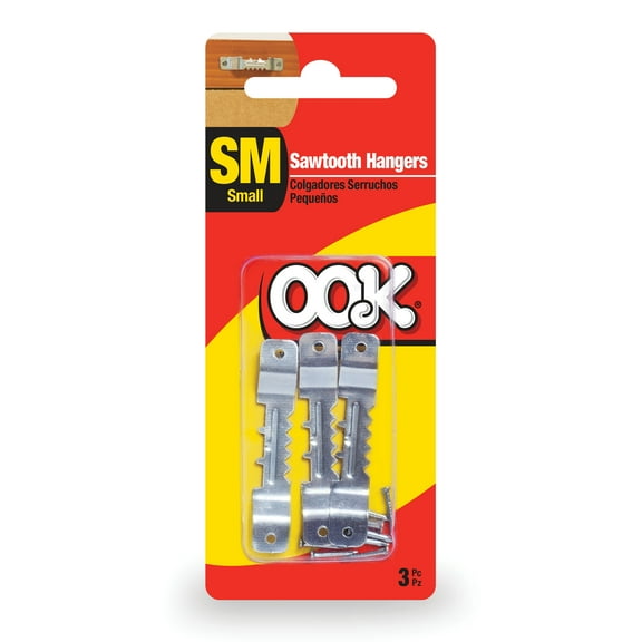 Ook Sawtooth Picture Hangers, ReadyNail, Small, Self-leveling, Steel, Zinc Finish, Silver, 3 pack
