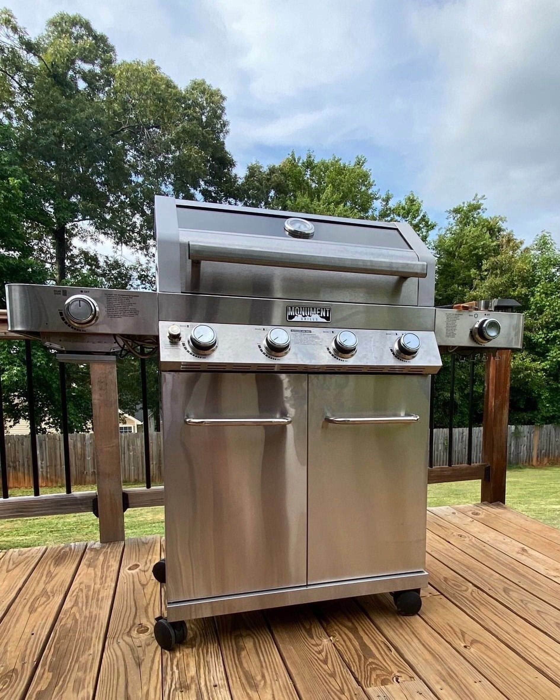 Monument Grills 4-Burner Propane Gas Grill in Stainless with Clear View Lid, LED Controls, Grill Cover, Side and Sear Burners