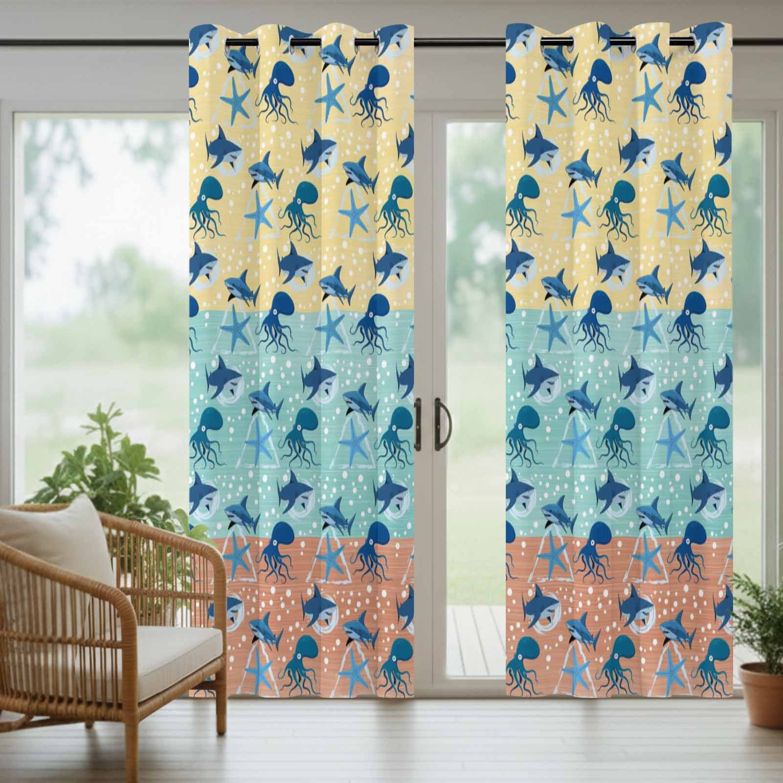 Summer Marine Life Outdoor Curtains for Patio, Watercolor Octopus Sharks Ocean Starfish Bubble Sunshade Privacy Drapes Grommet Waterproof Outside Curtains for Porch/Cabana/Balcony 54"x 108", 1 Panel