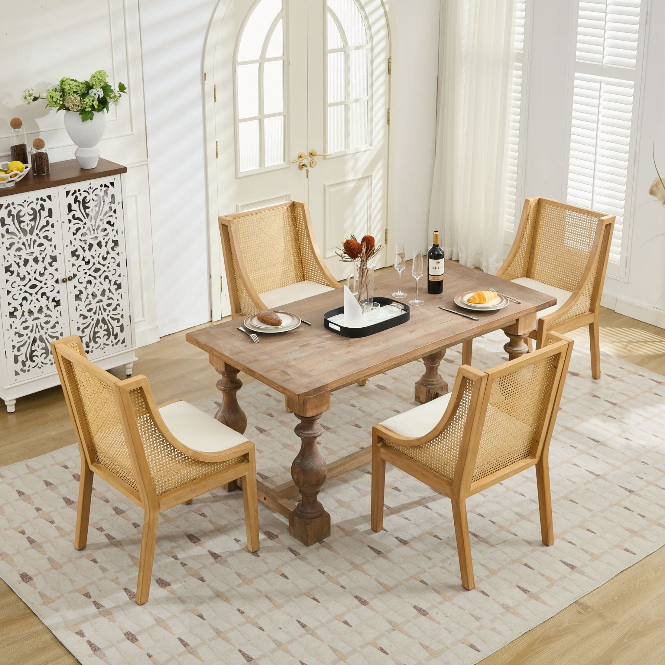 Noble House Dining Chair with Rattan Back, Linen Seat, Solid Wood Frame, Beige