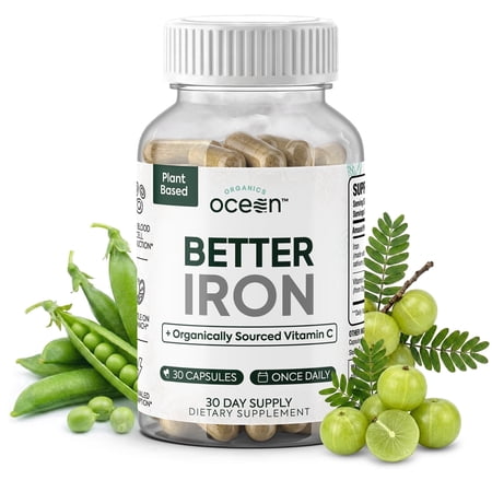 Organics Ocean Better Iron Supplement – Plant-Based Iron with Vitamin C – 30 Capsules – Gentle Absorption & Energy Support