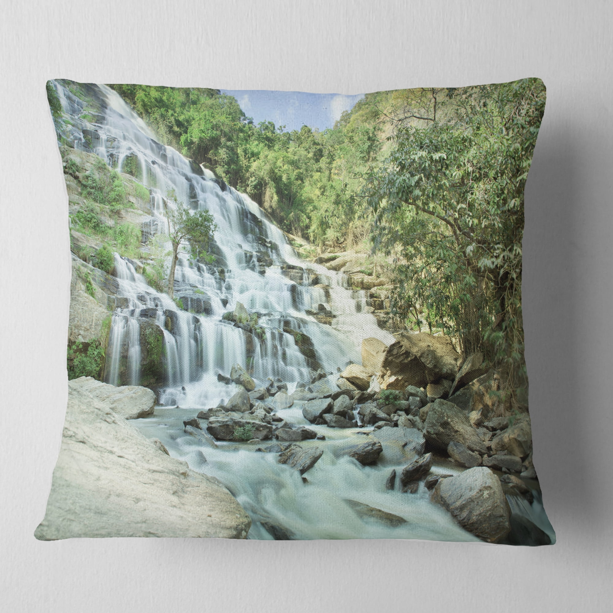 Designart Maeyar Waterfall in Rain - Landscape Photography Throw Pillow - 18x18