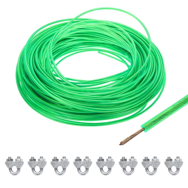 Uxcell 9/64 Green Vinyl Coated Wire Rope 197ft Galvanized Steel with 8PCS M5 Loop Sleeves