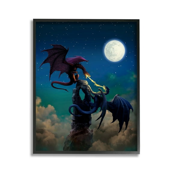 Stupell Industries Battling Dragons at Night Fairy Tales & Fantasy Painting Black Framed Art Print Wall Art, 11 x 14