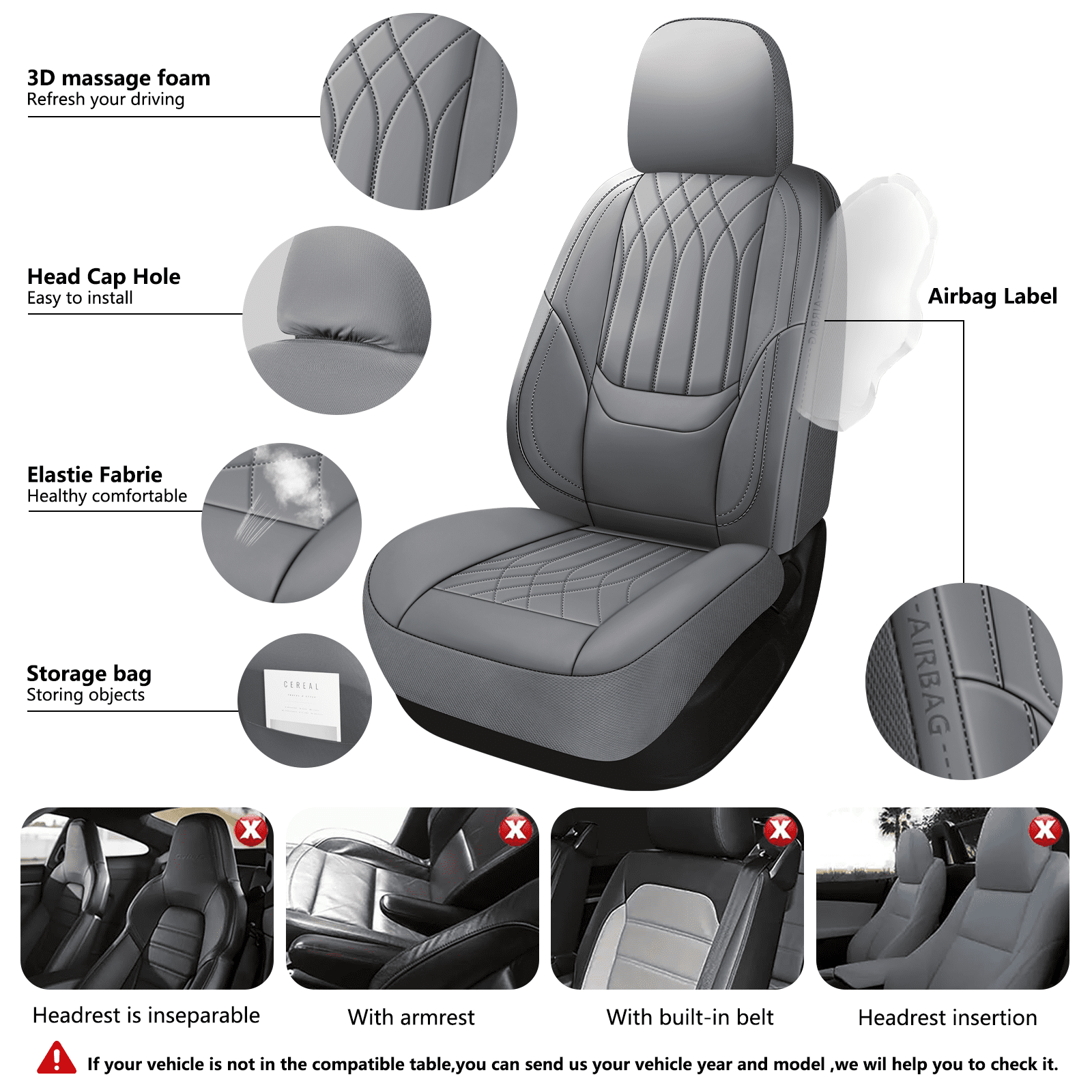 NS YOLO Premium Leather Car Seat Covers Front | Universal Car Seat Covers for Cars, Trucks & SUVs | Waterproof Front Seat Protectors, gray
