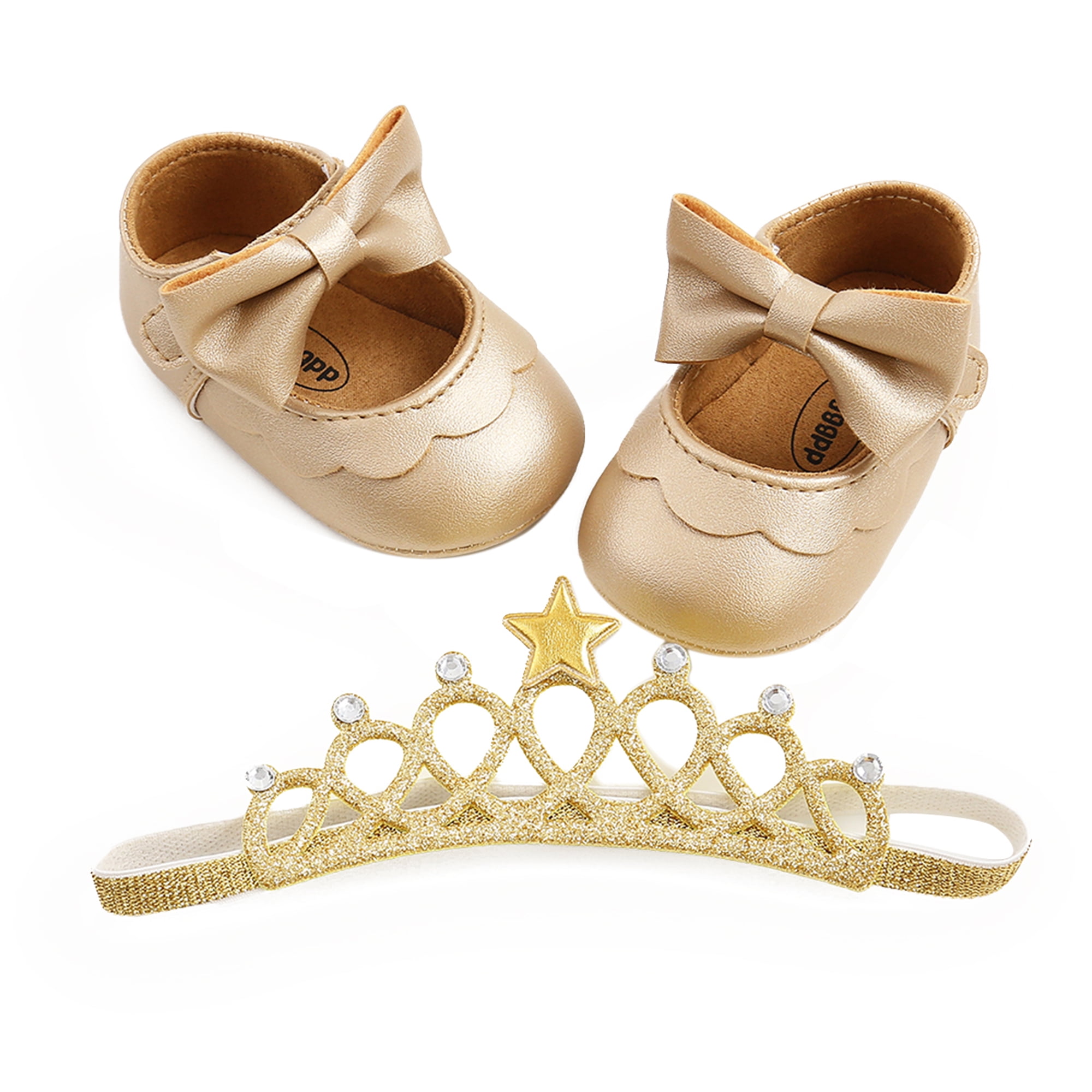 Baby Baptism Shoes And Headband Set Cute Bowknot Mary Jane Flats And Crown Hairband For Infant Girls Walmart Com Walmart Com