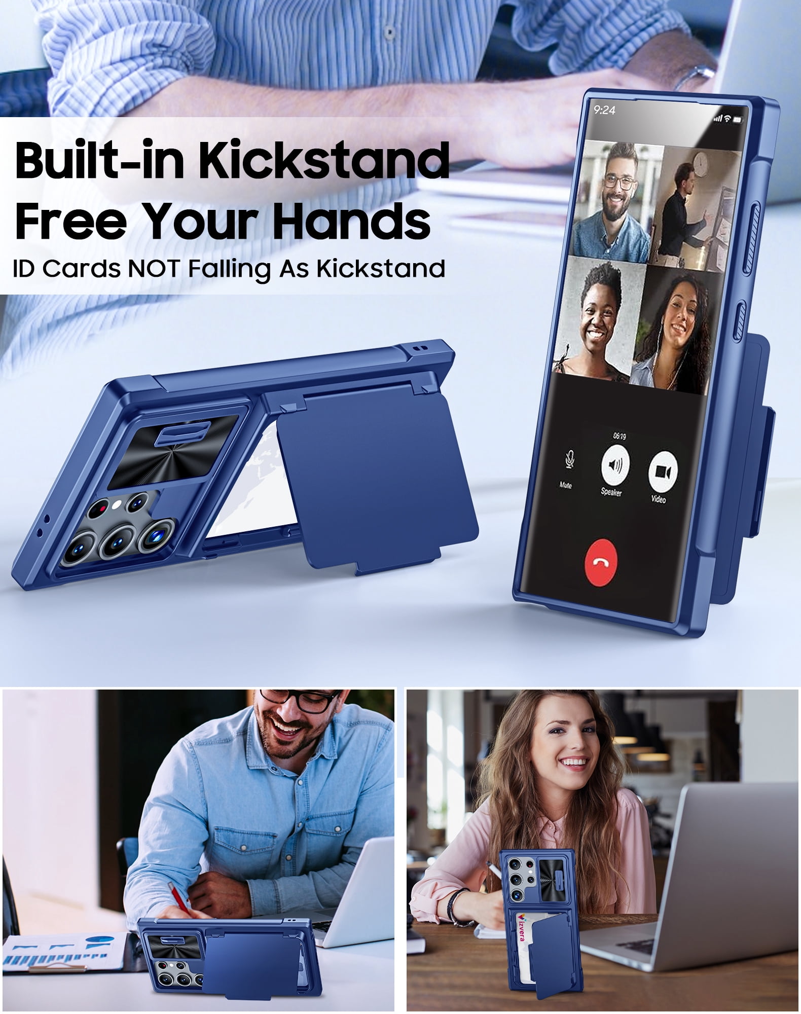 Vizvera for Samsung Galaxy S24 Ultra Phone Case with RFID Cards Holder (Store 4 Cards)&Camera Cover & Kickstand,Shockproof Silicone Case-Blue