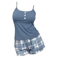 thumbnail image 5 of Women's Ribbed Gingham 2 Piece Pajama Set,Cami Top with Wide Leg Shorts,Lightweight Summer Lounge Sleepwear for Casual Home Vacation Wear Blue L, 5 of 5