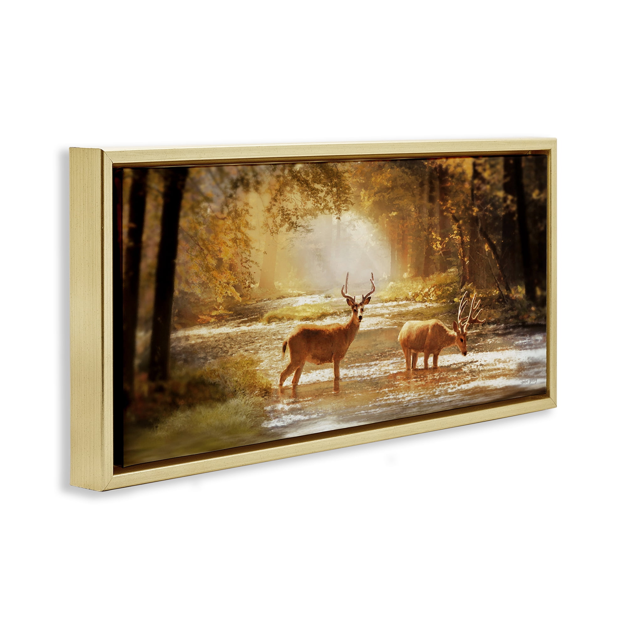 Stupell Industries Deer in Sunlit Grove Landscape Painting Gold Floater Framed Art Print Wall Art, 31 x 14