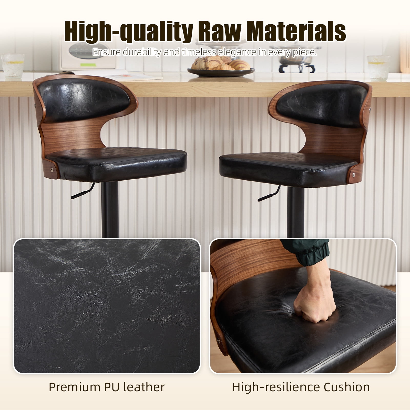 MOONMISS Swivel Bar Stools Set of 2, Wooden Kitchen Bar Chairs with Back, PU Leather Counter Height Barstools for Kitchen Island,