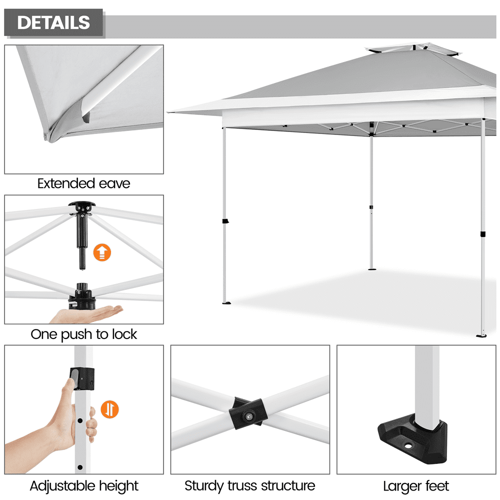 Alden Design 13 ft Pop-Up Adjustable Canopy W/ Overhang Rolling Storage Bag for Outdoor, Light Gray/White
