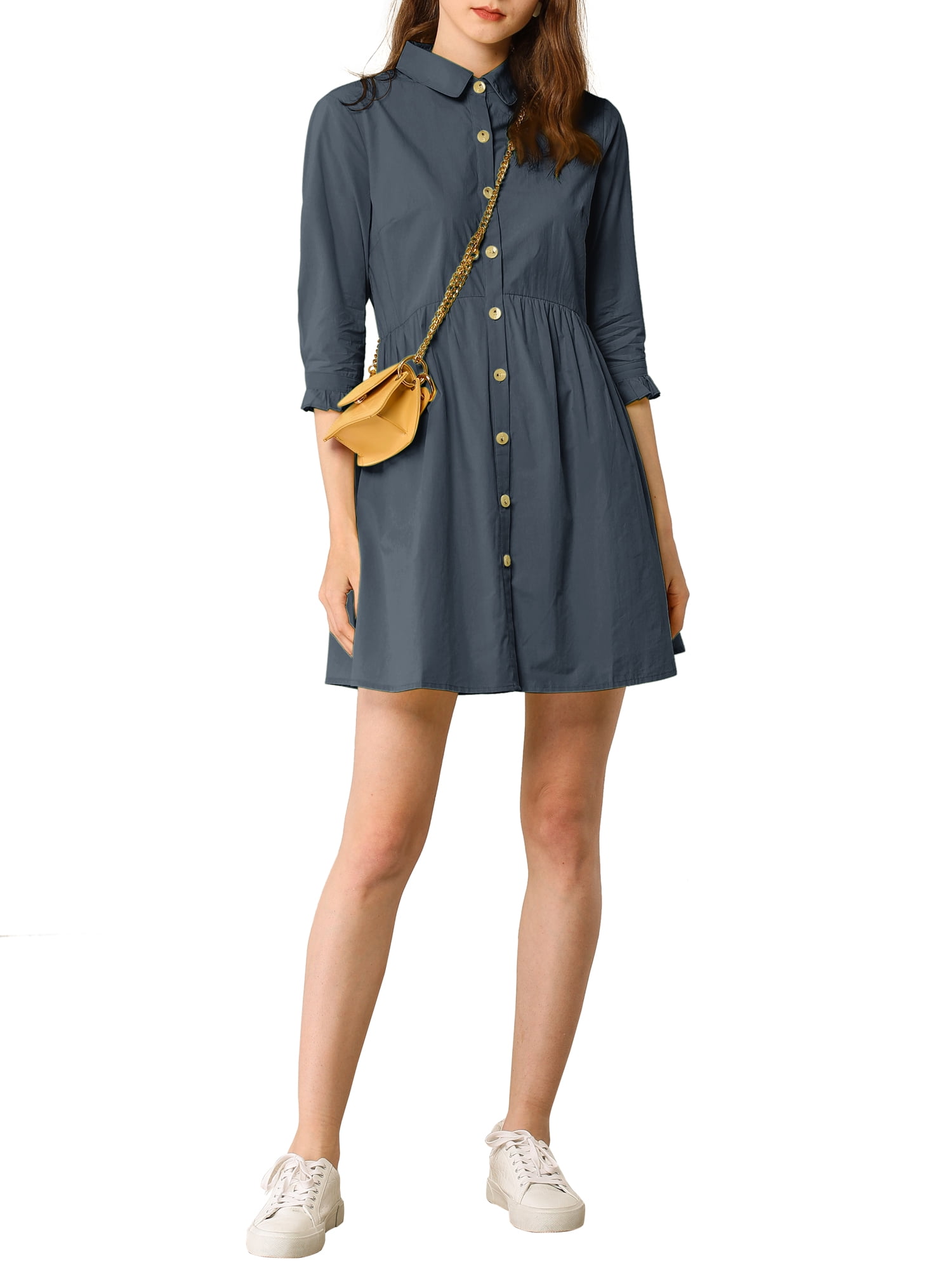 DARING DIVA Elegant Collar Flare 3/4 Sleeve Button Mini Shirt Dress L Dark Blue