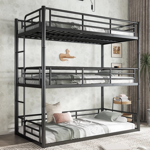 Leumius Twin over Twin over Twin Bunk Bed,Metal Triple Bunk Bed for 3 Kids/Teens,Heavy Duty Triple Bed with Guardrail and Ladder,Separates Into 3 Twin Beds,Black