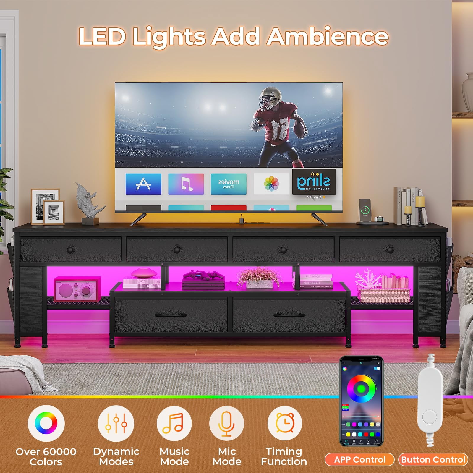 LED TV Stand with 6 Drawers & 4 Side Storage Bags & Shelves,for 65/70/75 Inch TV, 63Inch Console Table,Entertainment Center with Led Light and Power Outlets,Black