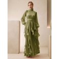 thumbnail image 5 of Womens Green Long Sleeve Pleated Ruched Waist Maxi Dress With Ruffle Hem, 5 of 6