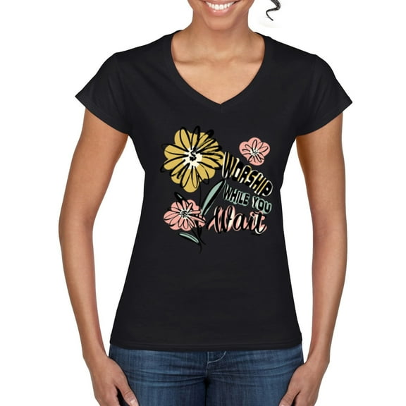 Wild Bobby Worship While You Wait Sunflower Pink and Yellow Inspirational/Christian Women Standard V-Neck Tee, Black, Small