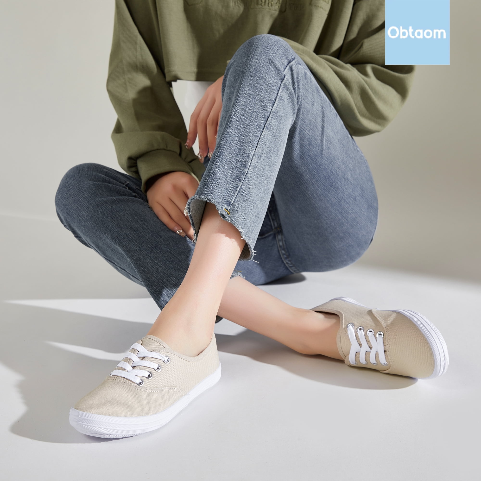 Obtaom Women’s Canvas Sneakers Fashion Lace Up Canvas Shoes,Low Top Casual Flat,Lightweight Tennis Shoes.(Beige,US9)