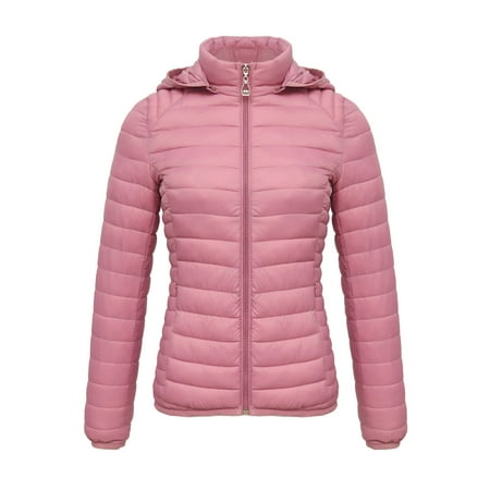 XPMWRP Women s Solid Color Long Sleeved Coat Packable Removable Hooded Jacket Full Zip Slim Jacket Insulated Quilted Warm Winter Coat Hot Pink M