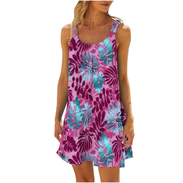 Vestido sin Mangas para las Mujeres Casual Impreso Cuello Redondo Suelto de Rodilla, Verano Vestido de Primavera para el Día Y el Trabajo