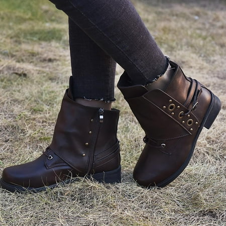 

YOTAMI Boots for Women 2022 Women s Round Toe Zipper Comfy Casual Shoes Solid Comfortable Low Heeled Shoes Brown