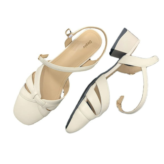 Dirpiv Sandals, Women's Pointed Toe Pumps Ankle Strap Buckle Chunky Block Heel Dress D'Orsay Shoes, Cream