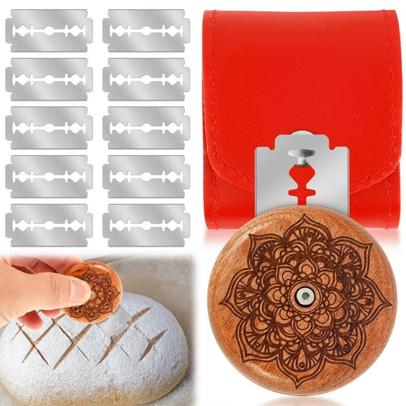 Wood Bread Lame Slashing Tool with 10 Blade and 1 Red Leather Pouch Portable Dough Scoring Knife Multipurpose Sourdough Bread Scoring Tool for Baking