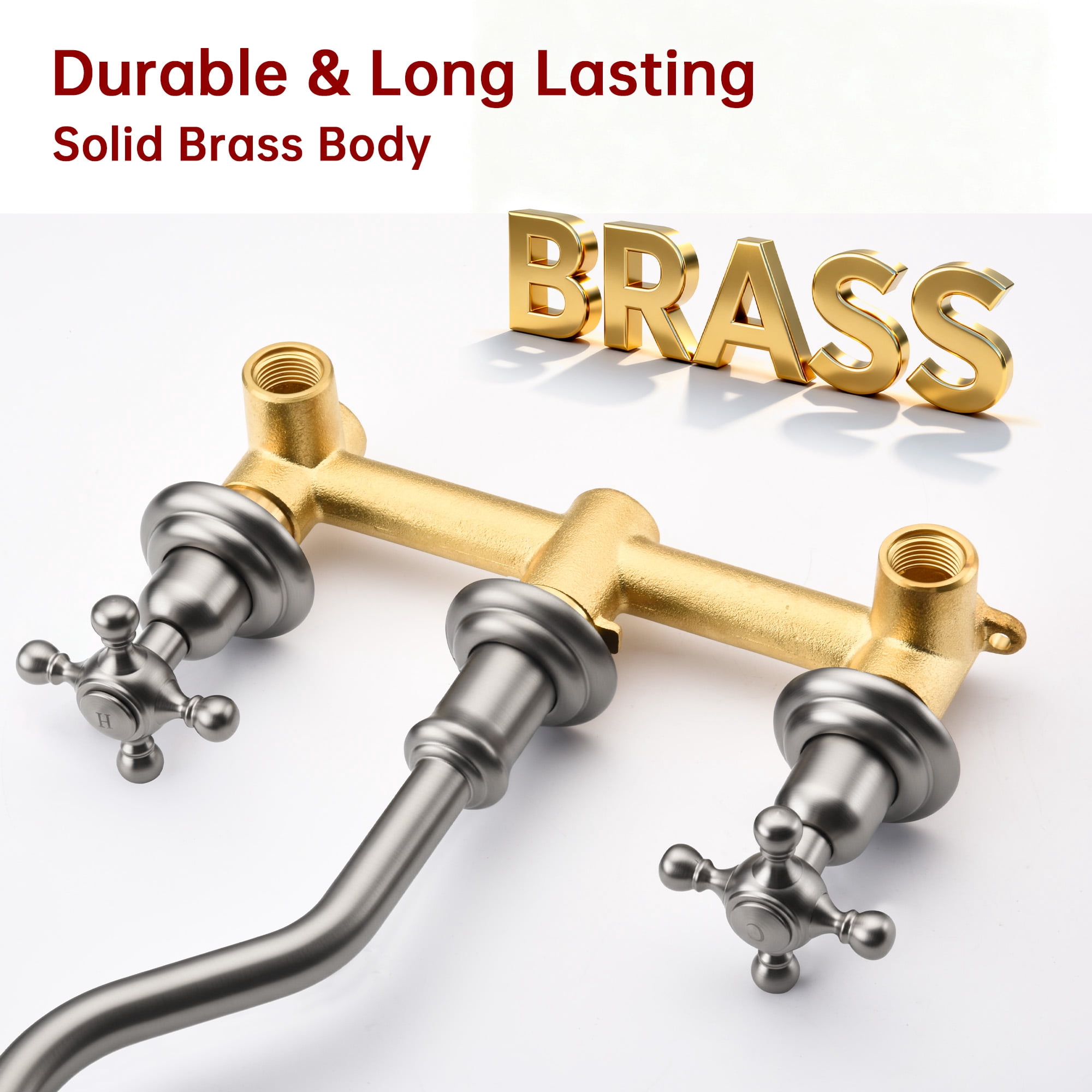 SUMERAIN Classic Brushed Nickel Wall-Mounted Lavatory Faucet,3 Holes Cross Handles Basin Sink Faucet Included Rough-in Valve
