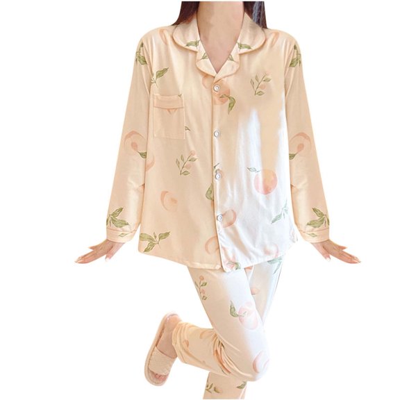 Tnhcen 2 Pieces 2025 Women Polyester Pajama Set Long Sleeve Button Down Cooling Pants Sleepwear Home Clothes M-3XL