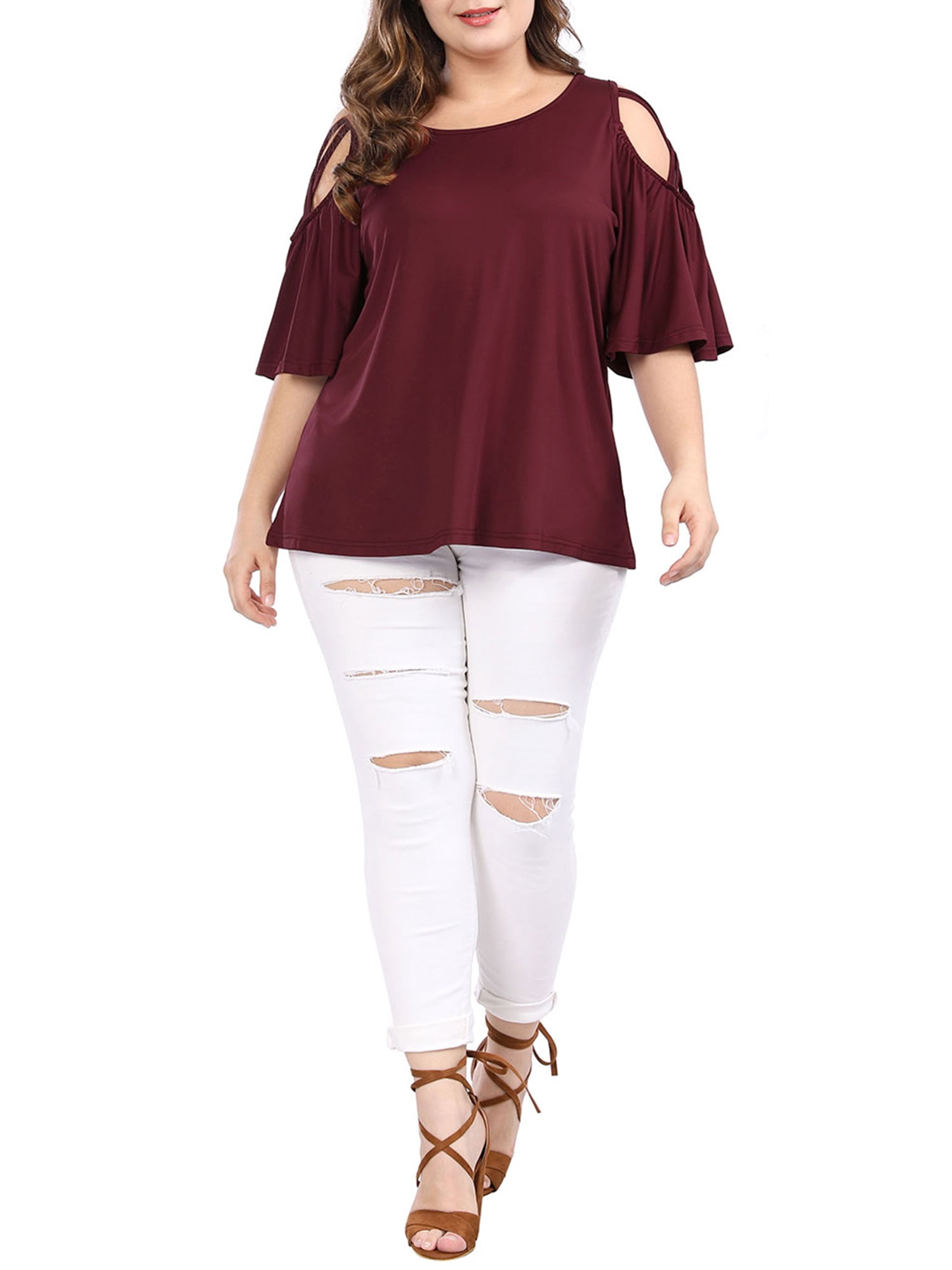 DARING DIVA Women's Plus Cold Shoulder Bell Casual Sleeve Top 1X Red