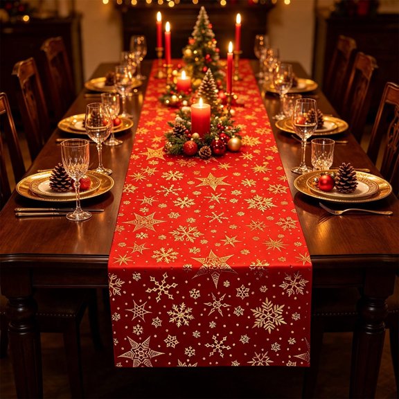 Christmas Table Runner Golden Snowflake Design Washable for Dining Table Holiday Party Home Decor