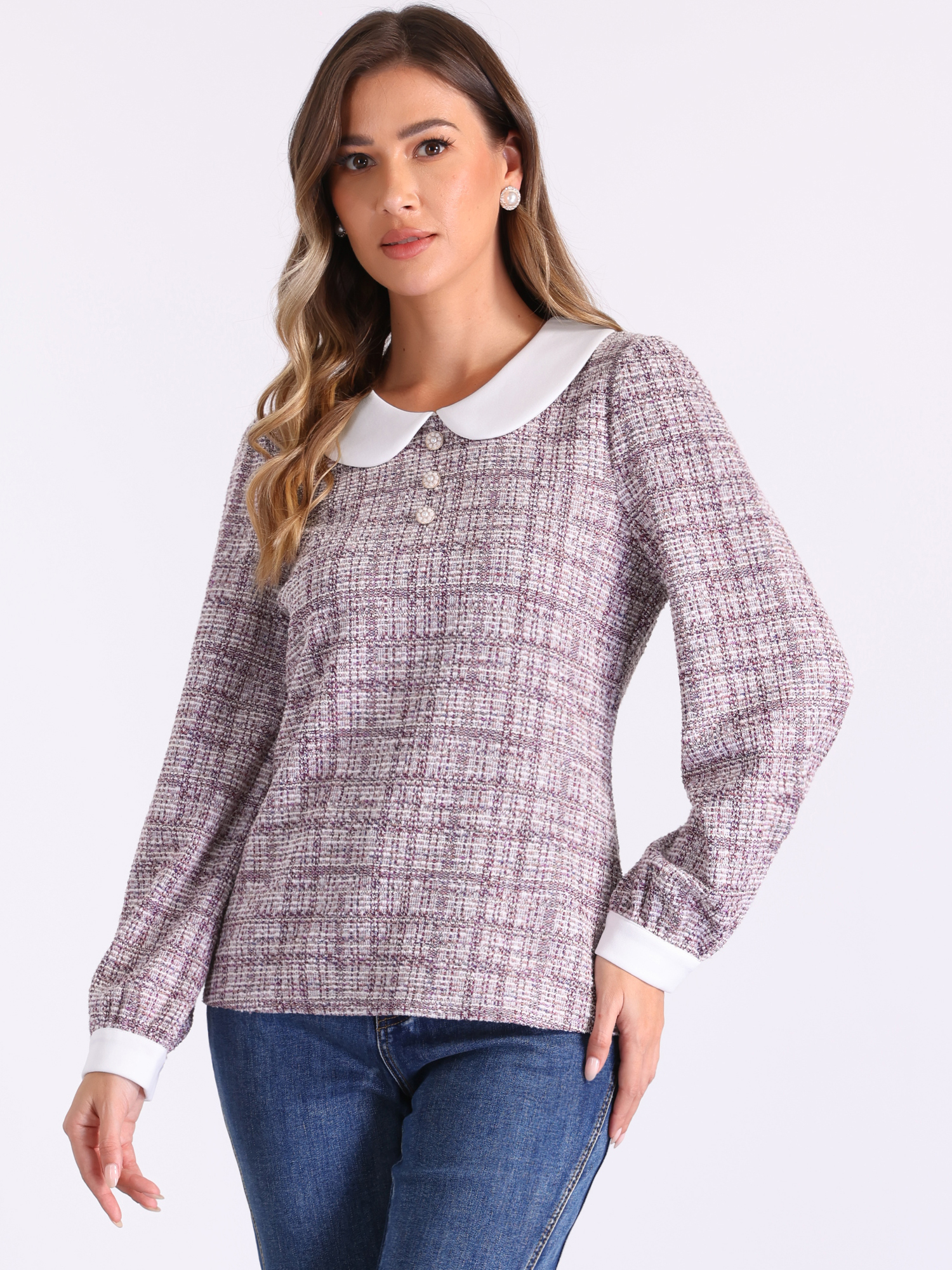 DARING DIVA Women's Button Decor Crew Neck Collared Tweed Blouses M Pink