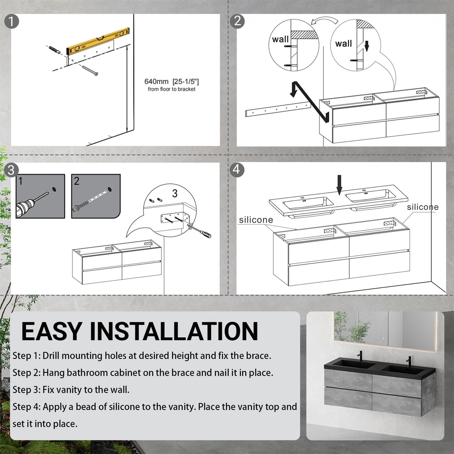 Demi Bonn 59" Floating Bathroom Vanity with Sink, Double Black Quartz Sand Top Basin and 4 Soft Close Drawers, Faucets and Drains Not Included, Gray