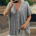 thumbnail image 2 of Hauaitttt Women Plus Size Sparkly Sequin Blingbling V Neck Short Sleeve Loose Top Tee Shirt Was Out Long Sleeve Shirt for Women Casual Summer Long Sleeved Shirts Womens Ladies Athletic Wear Shirt for, 2 of 6