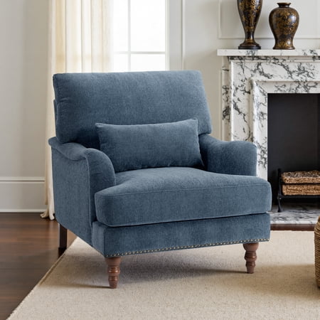 UIXE Accent Chair Chenille Upholstered Armchair for Living Room, Comfy Nailhead Trimed Arm Chair Bedroom Retro Reading Seat with Solid Wood Legs - Navy