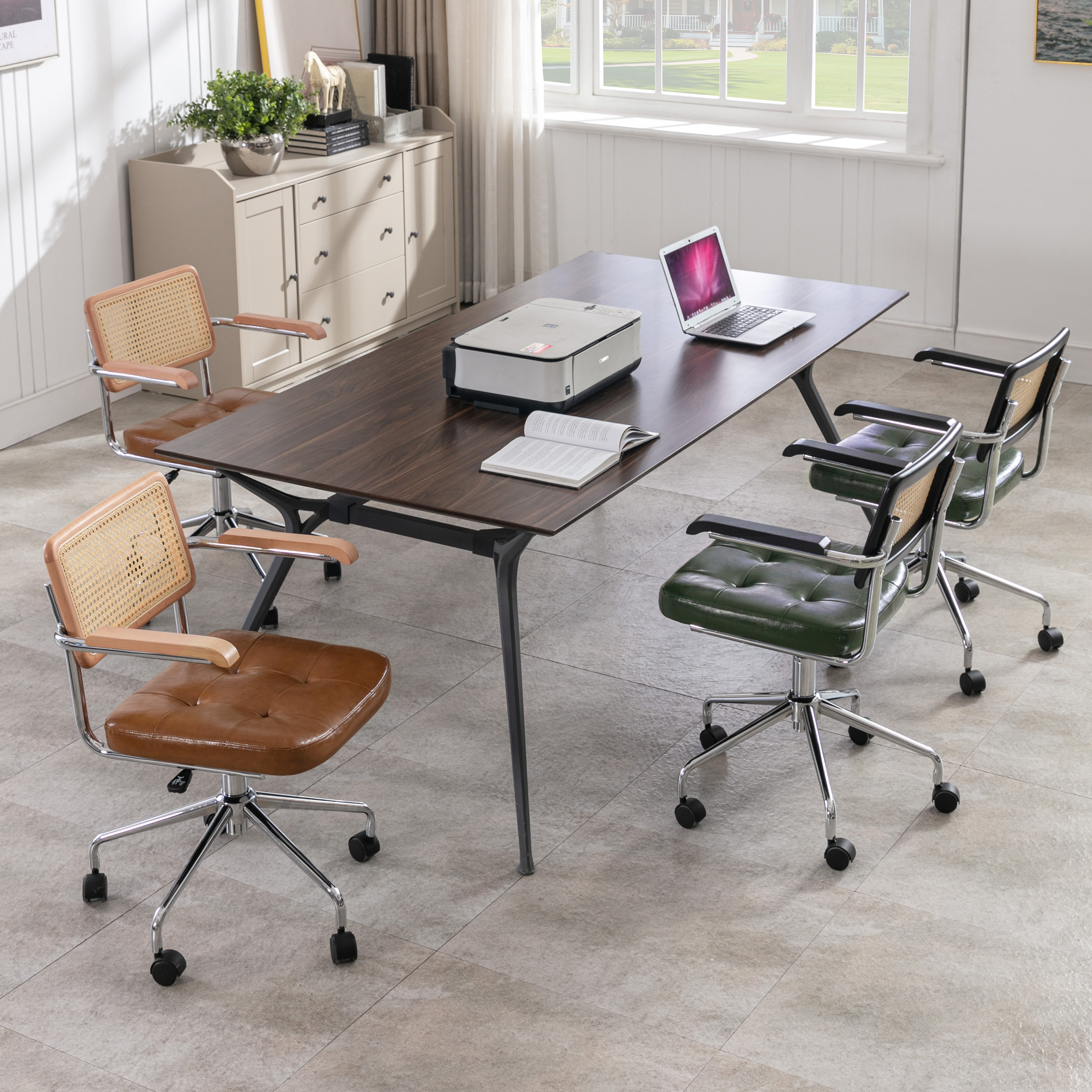 ONEVOG Tufted Leather Desk Chair, Swivel Home Office Chair with Rattan Back, Upholstered Vanity Chair with Arm, Adjustable Height Computer Task Chair, Brown