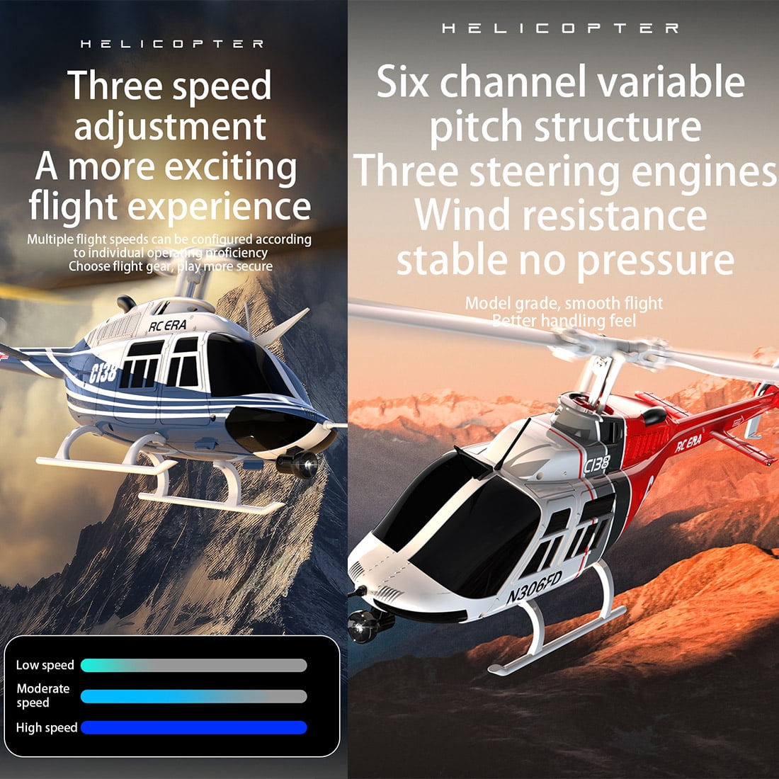 RC-ERA C138 Bell 206 6CH RTF RC Helicopter 2.4GHz Single Rotor Aircraft with Altitude Hold, Optical Flow Positioning, 6 Axis Gyro, One Key Takeoff Landing for Adults - 2 Battery