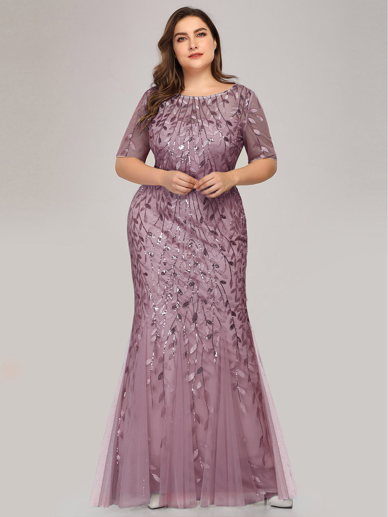 Sequin Embroidery Mesh Layered Sleeve A-Line Flare Maxi Prom Dress Plus Size