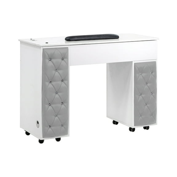 Drexel Manicure Table Tufted Side Panel Nail Desk with Marble Top, Modern Grey Diamond