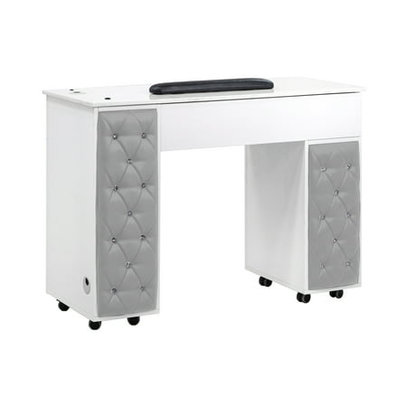 Drexel Manicure Table Tufted Side Panel Nail Desk with Marble Top Modern Grey Diamond