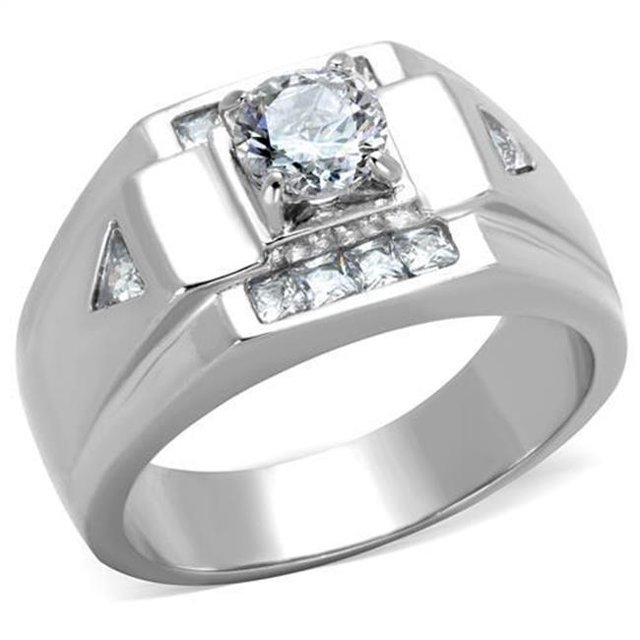 Men High Polished Stainless Steel Ring with AAA Grade CZ in Clear - Size 9
