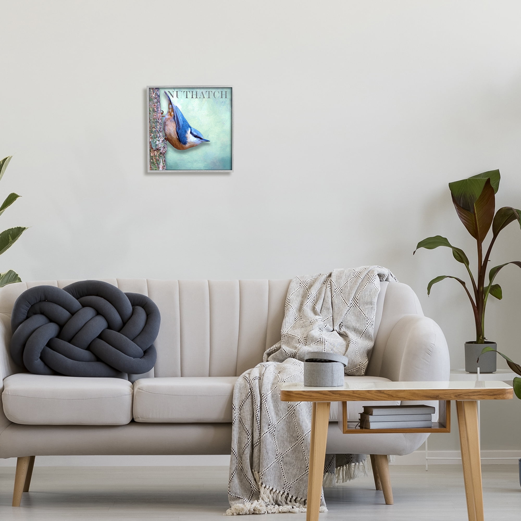 Stupell Industries Blue Nuthatch Bird Climbing Tree Forest Wildlife Graphic Art Gray Framed Art Print Wall Art, Design by Alpenglow Workshop