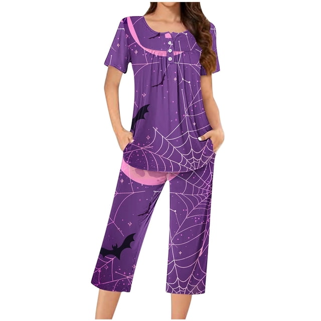 Jamicy Pyjamas d'Halloween pour Femmes Ensemble de Pyjama Capris Décontracté à Col Rond Imprimé avec Boutons