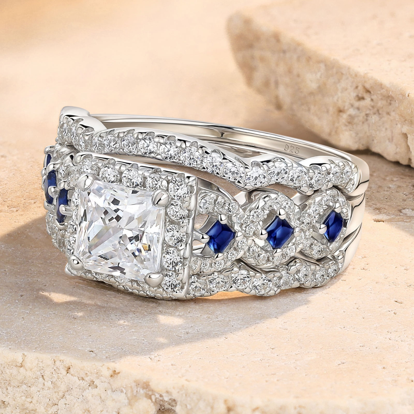 Newshe Jewellery 3.5 Ct Moissanite Engagement Rings for Women 925 Sterling Silver Princess Bridal Ring Sets Blue Sapphire Size 7