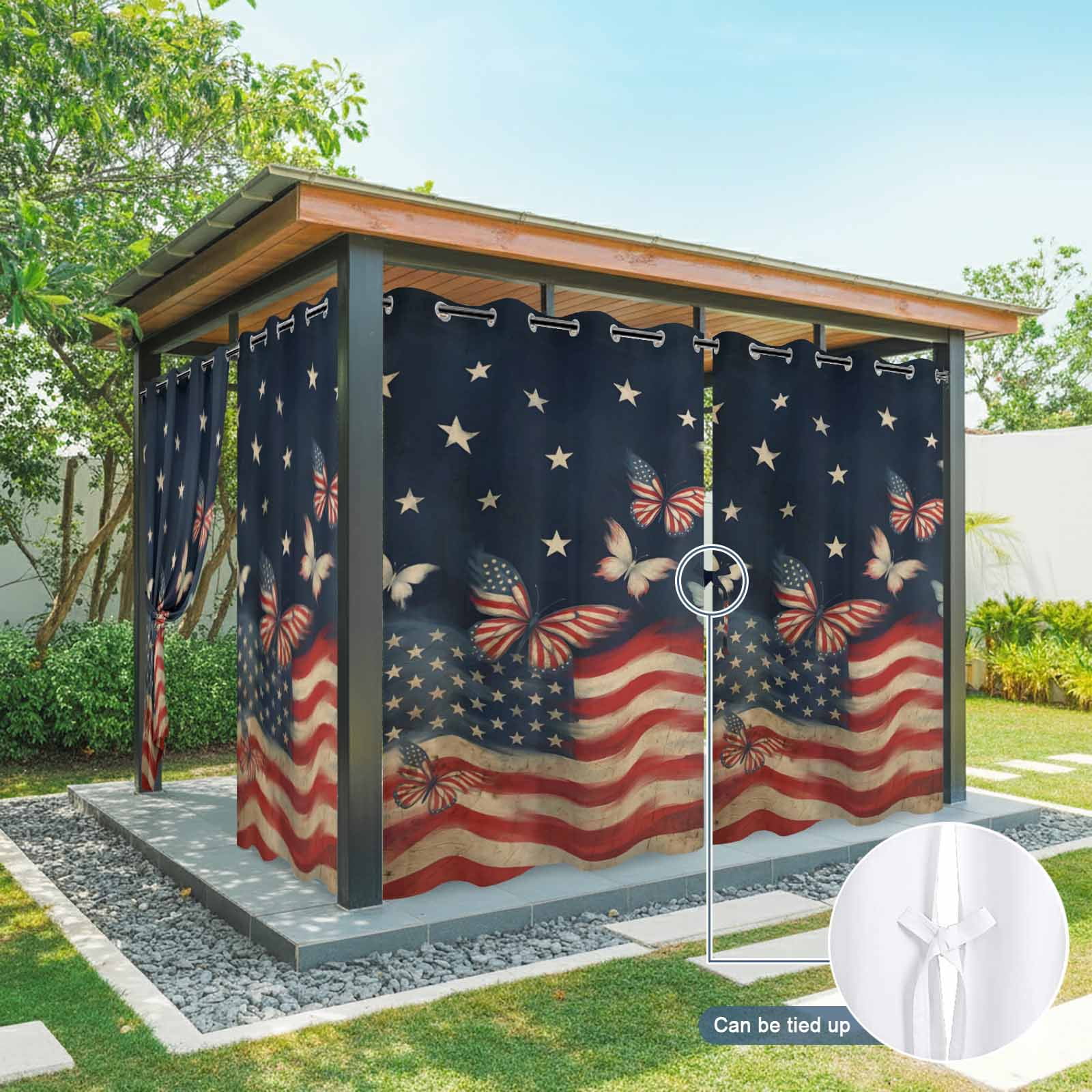 4th of July Outdoor Curtains for Patio, Independence Day Patriotic Butterfly American Flag Sunshade Privacy Drapes Grommet Waterproof Outside Curtains for Porch/Cabana/Balcony 54"x 108", 1 Panel