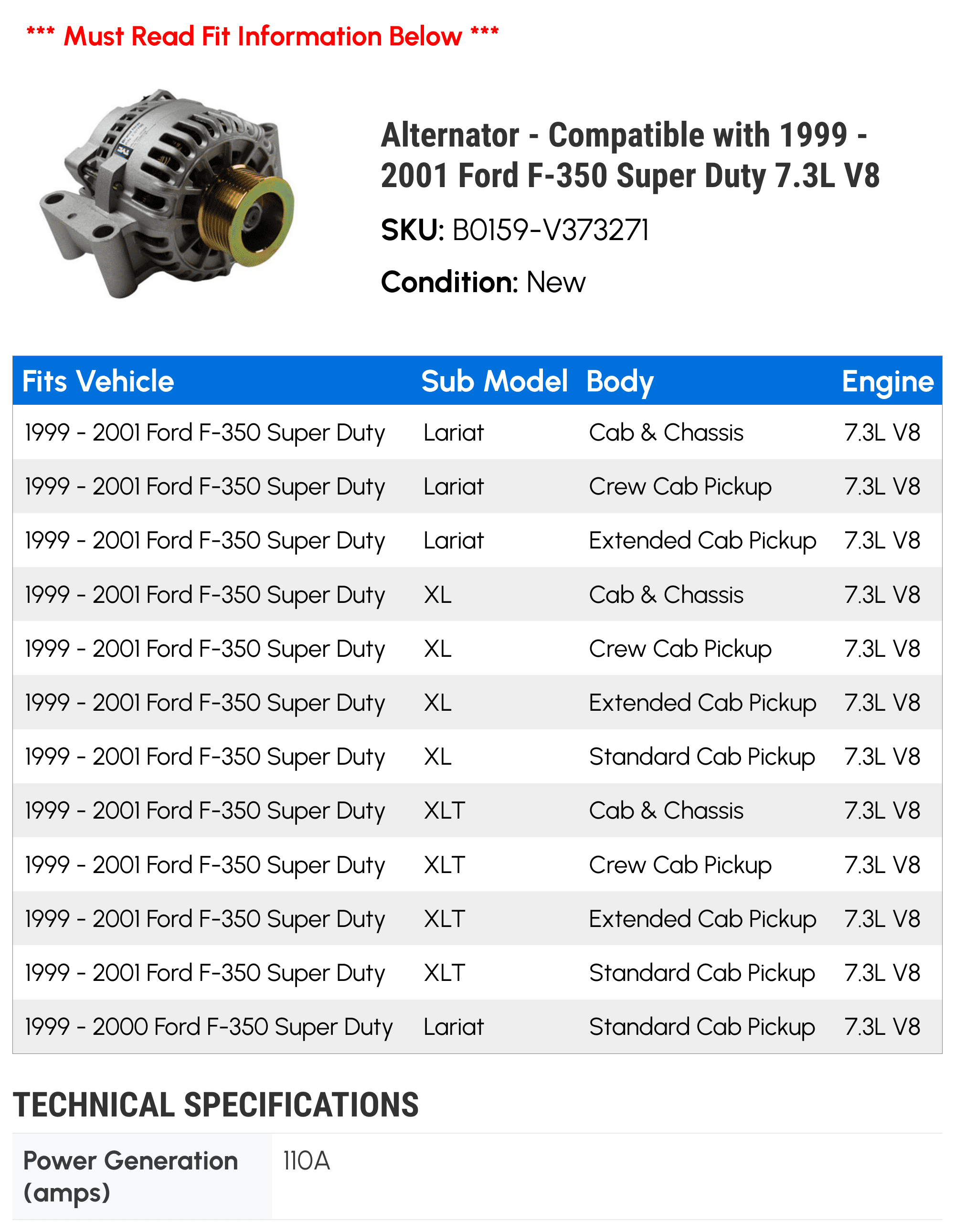 Alternator - Compatible with 1999 - 2001 Ford F-350 Super Duty 7.3L V8 2000