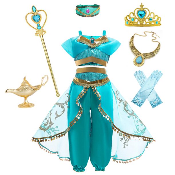 Aladdin agic Lamp Girls Costume Top + Pants + Headband Set Jasmine Princess Dress of Birthday Party Carnival Cosplay Clothing7-8T (140) Gao Jinjia LED