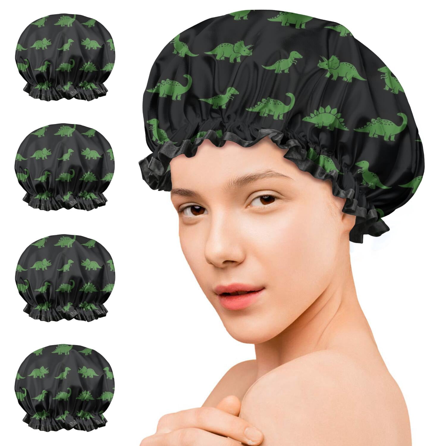 Shower Caps,Black Dinosaurs Neon Pattern Waterproof Shower Cap for Women 4 Pieces,Double Reusable Hair Cover for Shower PEVA Elastic Stretch Hem